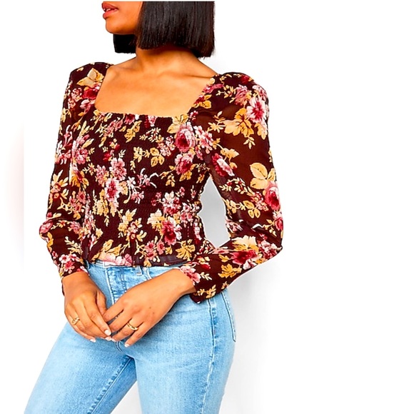 NWT Express L Floral Smocked Square Neck Long-sleeve Top - Picture 1 of 5